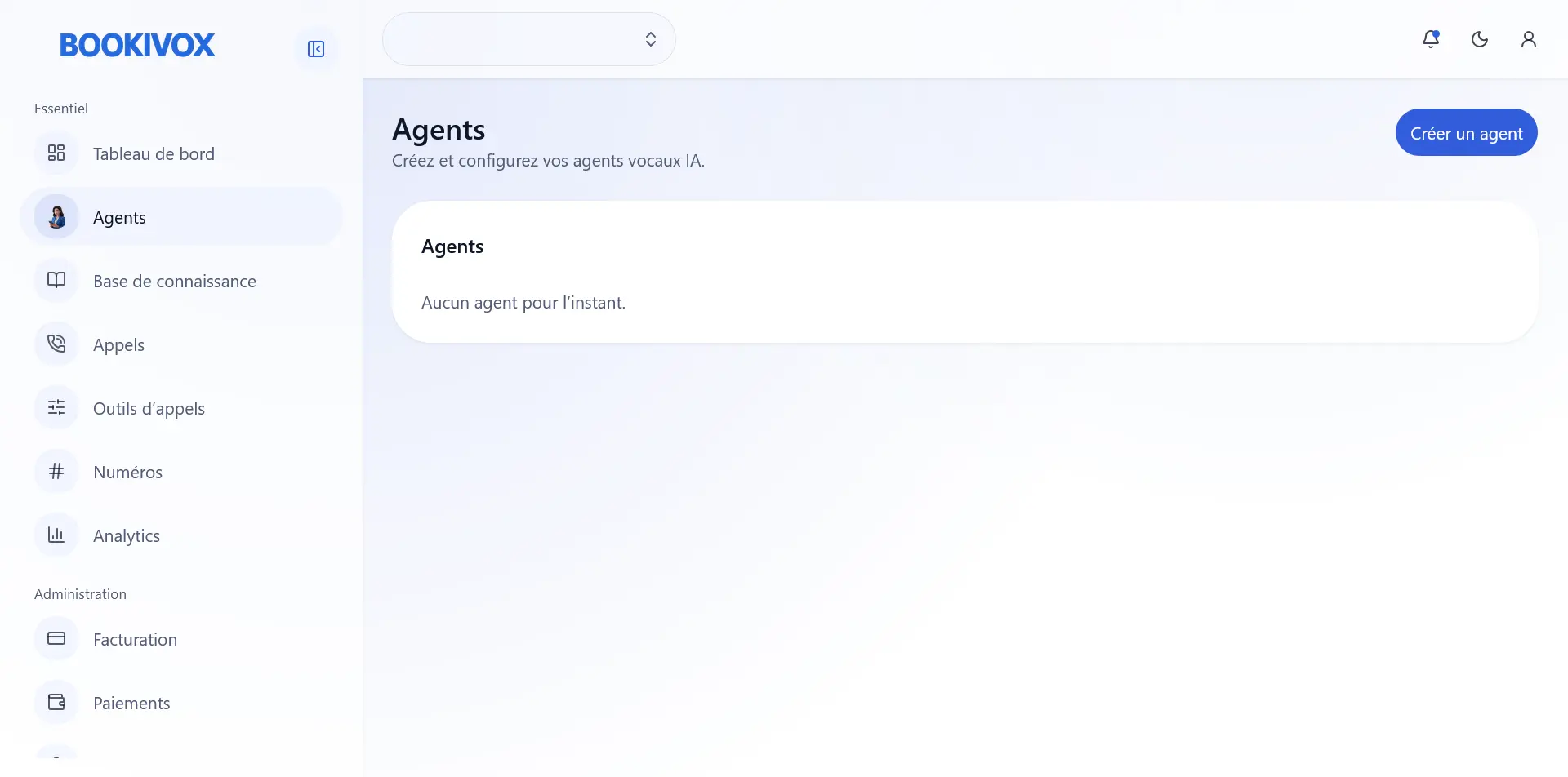 Interface de configuration de l’agent vocal IA Bookivox